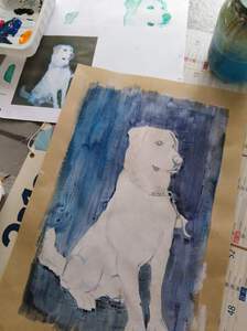 Portrait chien acrylique sur papier graft en cours de réalisation 2019